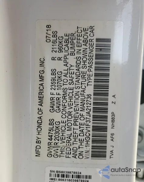 2018 Honda Accord Sport из США, поврежденный, VIN 1HGCV1F37JA212736